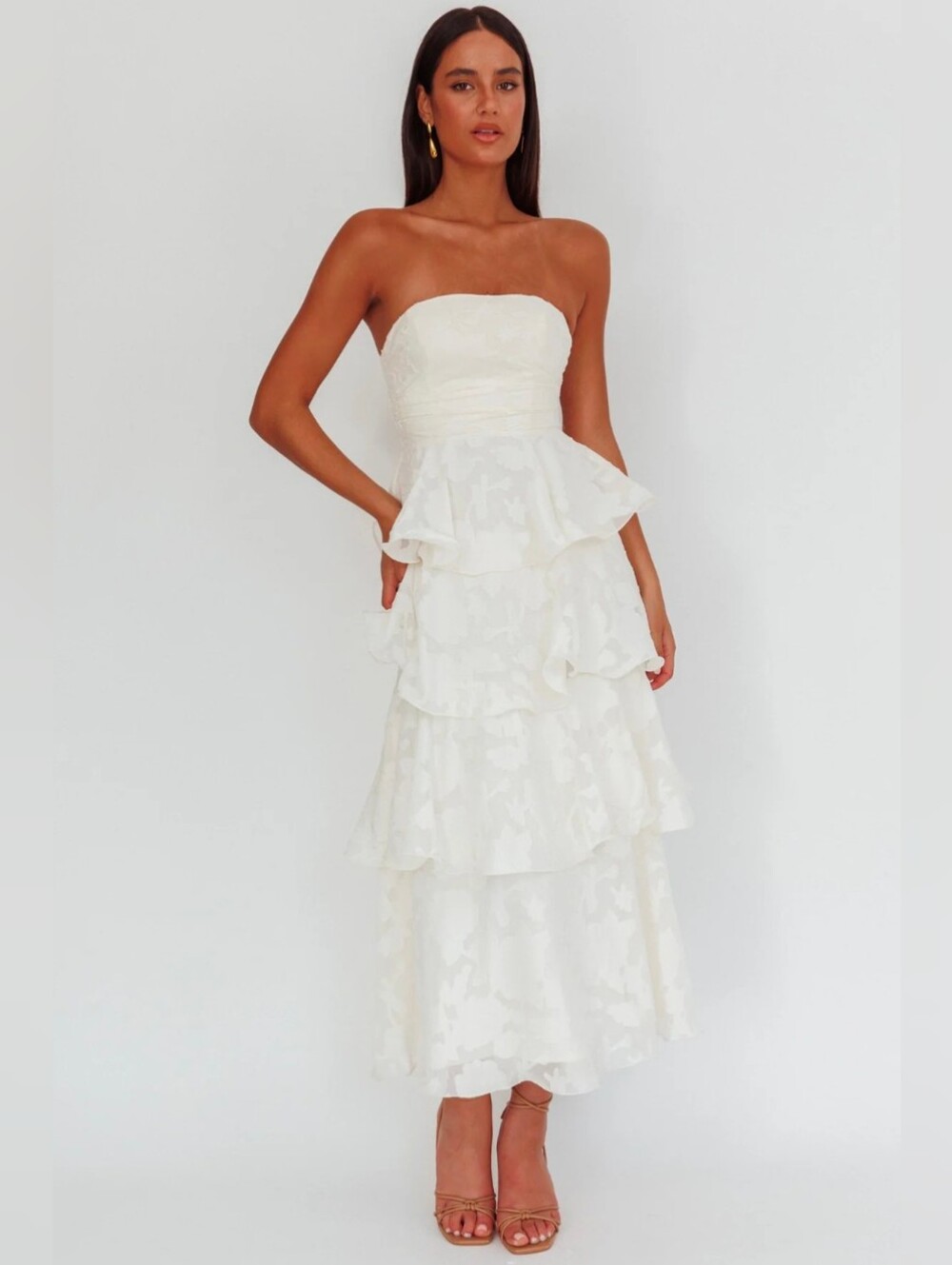 Here Comes The Sun Giavana Strapless Layered Midi Dress Floral Embossed Cream